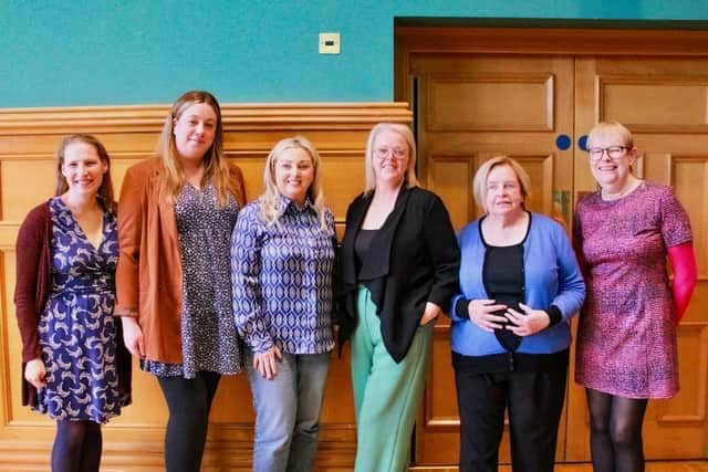 From left, Becca Bor Northern Ireland Anti-Poverty Network, Amie Gallagher, Focus Project, Karen Mullan, Foyle Foodbank, Rayna Downey, Derry Women's Centre, Bernadette McAliskey, South Tyrone Empowerment Programme, and Goretti Horgan, Ulster University.