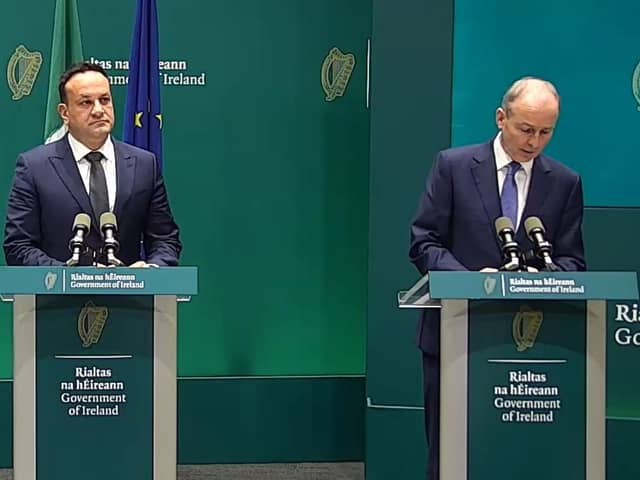 Taoiseach Leo Varadkar and Tánaiste Micheál Martin announcing increased A5 funding on Tuesday.