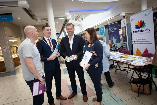 Pictured at Thursday's DEEDS (Dementia Engaged and Empowered Derry and Strabane) 'One Stop Shop' for information on dementia at Foyleside Shopping Centre, Derry, are from left, George McGowan, OLT, Deputy Mayor Jason Barr, Fergal Rafferty, Foyleside Shopping Centre and Ciara Burke, DCSDC.