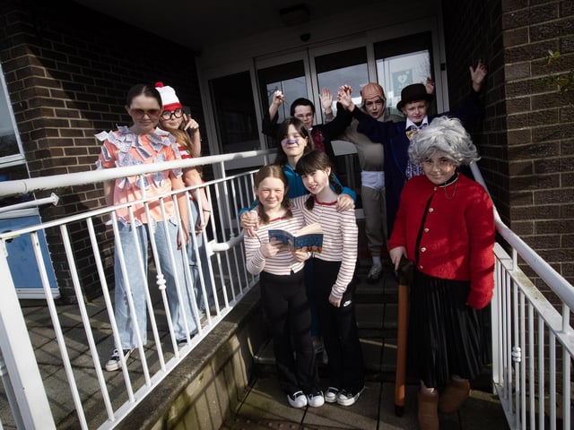 Mrs. Gallick's Primary 6 pupils at Greenhaw Primary School preparing for World Book Day celebrations on Friday last. Included from left Evie Carlin, Maria Ward, Finn Butler, Odhran Quinn, Oran McCamphill, Darragh Doherty, Nyle Moore, Oliivia McLaughlin and Sophia Glenn. , (Photos: Jim McCafferty Photography)