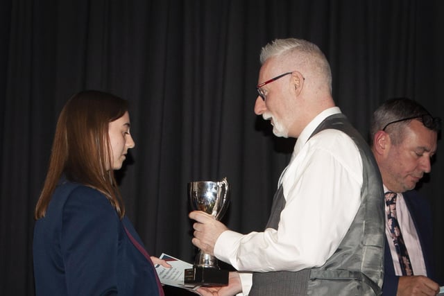 Amy Johnston receiving her award from Mr. Martin Smith, Year Head, at the Oakagrove Prizegiving.
