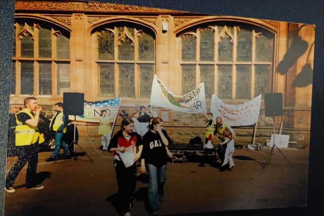 Anti-war protesters setting up in Derry. Photo: Frankie McMenamin
