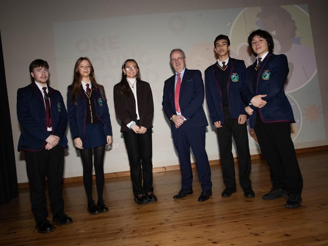 Mr. John Harkin, Principal, Oakgrove Integrated College pictured with guest speaker, Emer Rafferty, a delegate from the 'One Young World Summit 2023' who gave a talk to students from Oakgrove and Lisneal Colleges at the school. Included from left are Oakgrove students Daire Jackson, Ellie McMichael, Head Girl, Omar Musa and Martin Cassidy.