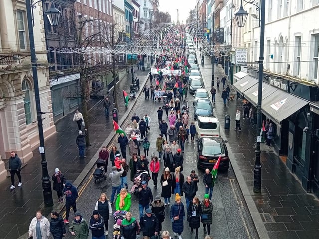 Thousands participate in Derry rally for Palestine calling for a ceasefire in Gaza on January 13, 2024