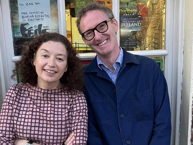 Andrea Carter and Neil Hegarty pictured outside Little Acorns Bookstore.