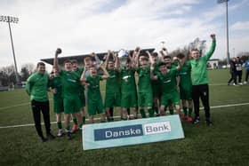 2025 NI SCHOOLS U-18 DANSKE BANK CHAMPIONS. . . .St. Joseph's Boys celebrate victory over Integrated College Dungannon by 2-0 at the Danny Blanchflower Stadium, Belfast in Thursday last. (Photos: Jim McCafferty Photography)