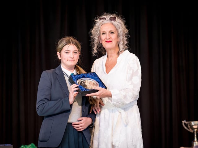 Abbie Hutton receives the Friends and Family of Thornhill College Award from Ms S. Mallett (Principal) on behalf of her grandmother Mrs Margaret Kelly for her contribution to our Shoe Box Appeal.