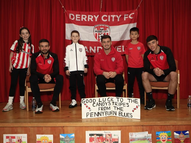 Derry City FC players players Michael Duffy, Brian Maher and Conal McDermott pre-Cup final visit St. Patrick’s PS, Pennyburn,  (Photo - Tom Heaney, nwpresspics)
