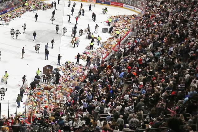 HERSHEY, PENNSYLVANIA - JANUARY 05: Ice crew members and volunteers help clean stuffed animals off the ice after fans tossed them following the team's first goal against the Providence Bruins at Giant Center on January 05, 2025 in Hershey, Pennsylvania. The GIANT Teddy Bear Toss game is held once a year with the bears being donated to 35 local charities. (Photo by Bruce Bennett/Getty Images)