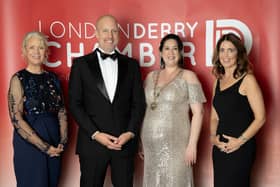 The Derry Chamber of Commerce held its Annual President’s Dinner at the White Horse Hotel. Pictured left to right are Chamber CEO Anna Doherty, US Consul General James Applegate, Chamber President Selina Horshi and Maurece Hutchinson, JMK Solicitors.