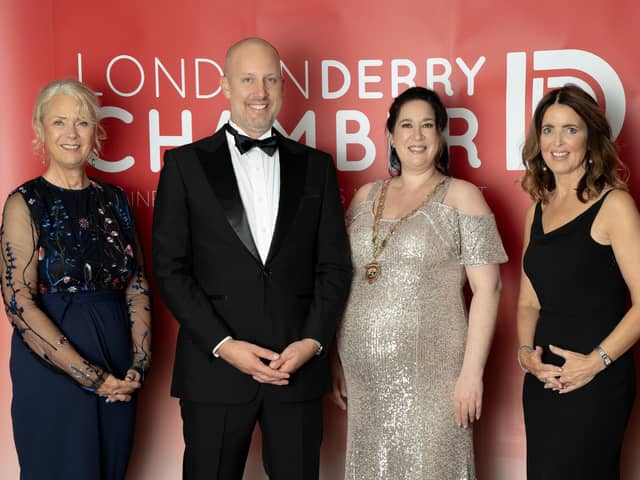 The Derry Chamber of Commerce held its Annual President’s Dinner at the White Horse Hotel. Pictured left to right are Chamber CEO Anna Doherty, US Consul General James Applegate, Chamber President Selina Horshi and Maurece Hutchinson, JMK Solicitors.