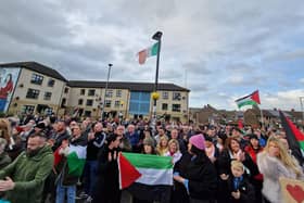 Crowds at the rally organised by the Derry branch of the Ireland Palestine Solidarity Campaign (IPSC).