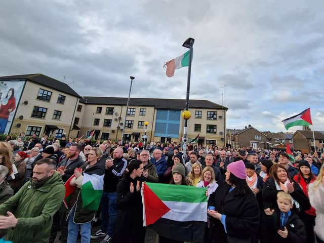 Crowds at the rally organised by the Derry branch of the Ireland Palestine Solidarity Campaign (IPSC).