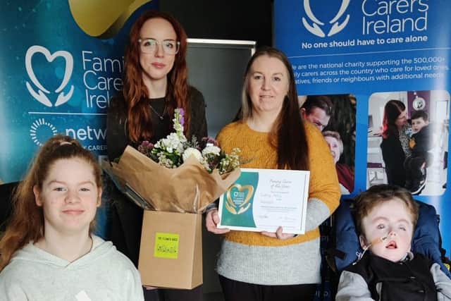 Pictured left to right are Lucy Kelly; Patricia Blee, Community Support Manager, Family Carers Ireland; Cathy Kelly, Netwatch Donegal Family Carer of the Year and Timothy Kelly.
