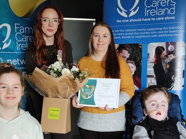 Pictured left to right are Lucy Kelly; Patricia Blee, Community Support Manager, Family Carers Ireland; Cathy Kelly, Netwatch Donegal Family Carer of the Year and Timothy Kelly.