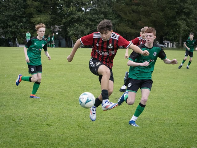 Action from Wednesday's u-14 Foyle Cup clash between Crusaders and Castlewellan Town in the O'Neills Foyle Cup at Lisnagelvin Pitches, Derry. (Photos: Jim McCafferty Photography)