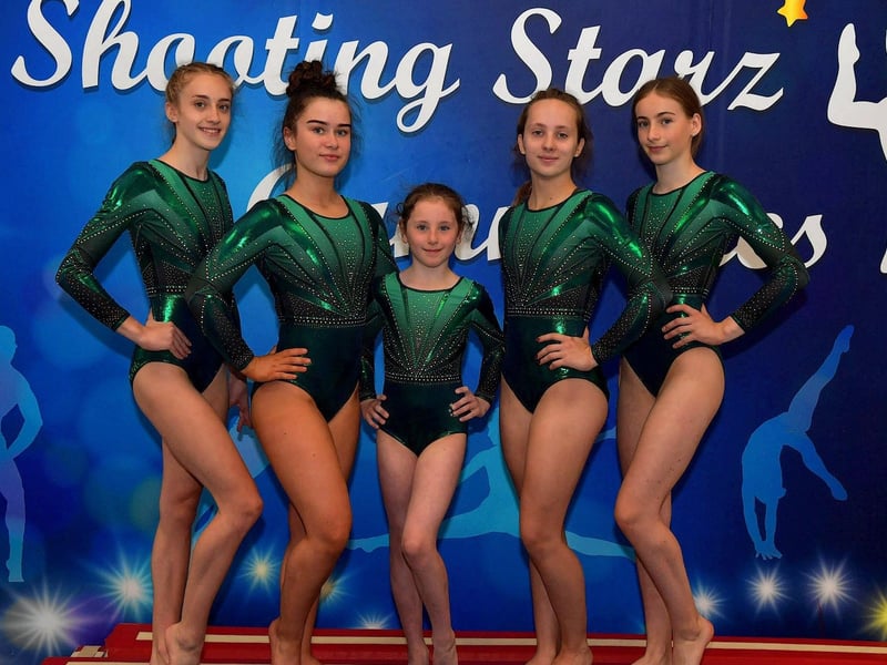 July 2023: Shooting Starz gymnasts who participated in the recent British Gymnastics Classis Challenge National Finals held in Guildford. From left are Lauren Arthur, age 14, Hannah Street (13), Caoimhe Walsh (9), Mia McGuinness (16) and Orlaith McLaughlin (14). Photo: George Sweeney.