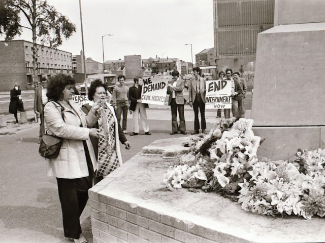 Pictured are people taking part in anti-internment demonstrations across Derry in August 1975 on the anniversary of the introduction of internment without trial in the north of Ireland four years earlier on August 9, 1971. Photos: Derry Journal.