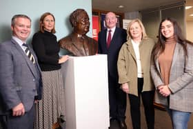 Pictured at the launch of the exhibition on Ulster University’s Derry~Londonderry campus are (L-R) Prof Malachy Ó Néill, Director of Regional Engagement at Ulster University, Sculptor Liz O’Kane, Mark Durkan, board member of the John and Pat Hume Foundation, Susanne Oberhauser, Director of EU Liaison Office and India Kennedy, second year Ulster University Politics and International studies student