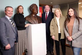 Pictured at the launch of the exhibition on Ulster University’s Derry~Londonderry campus are (L-R) Prof Malachy Ó Néill, Director of Regional Engagement at Ulster University, Sculptor Liz O’Kane, Mark Durkan, board member of the John and Pat Hume Foundation, Susanne Oberhauser, Director of EU Liaison Office and India Kennedy, second year Ulster University Politics and International studies student