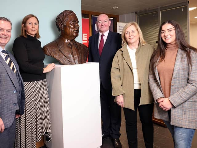 Pictured at the launch of the exhibition on Ulster University’s Derry~Londonderry campus are (L-R) Prof Malachy Ó Néill, Director of Regional Engagement at Ulster University, Sculptor Liz O’Kane, Mark Durkan, board member of the John and Pat Hume Foundation, Susanne Oberhauser, Director of EU Liaison Office and India Kennedy, second year Ulster University Politics and International studies student
