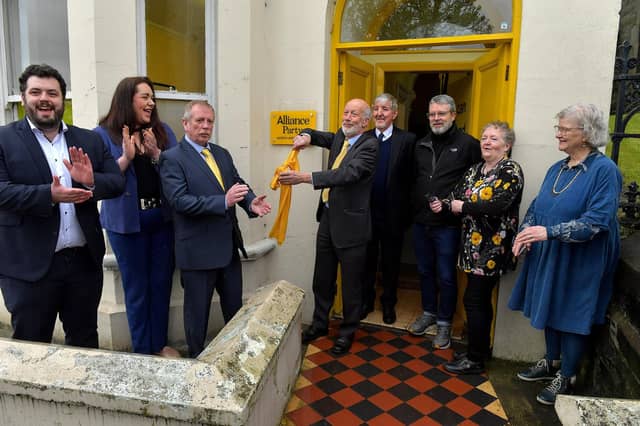 Former Alliance Party leader David Ford officially opening of the party’s new constituency offices at 1 Dacre Terrace, Carlisle Circus, Derry, on Wednesday morning. Included in the photograph, from left, are Colrs, Stephen Donnelly, Racheal Ferguson, Philip McKinney, Colm Cavanagh, Mel Boyle, Dr Anne Murray Cavanagh and Alderman Yvonne Boyle. Photo: George Sweeney. DER2313GS – 25