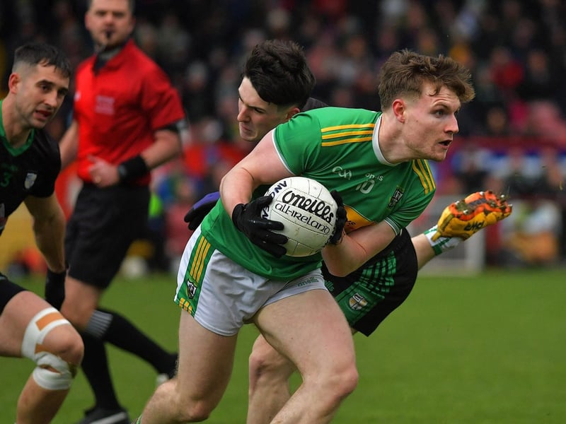 November 2023: Glen’s Ethan Doherty bursts past Cargin’s Conhuir Johnston as the Derry champions get their ultimately successful Ulster Championship defence up and running. Photo: George Sweeney