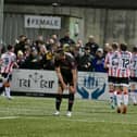 Will Patching celebrates with fellow goalscorer Michael Duffy as Derry City run riot against Dundalk. Photographs by Kevin Morrison.