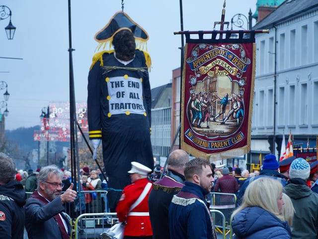 'Lundy the traitor' before the dummy was set on fire in Bishop Street on Saturday.