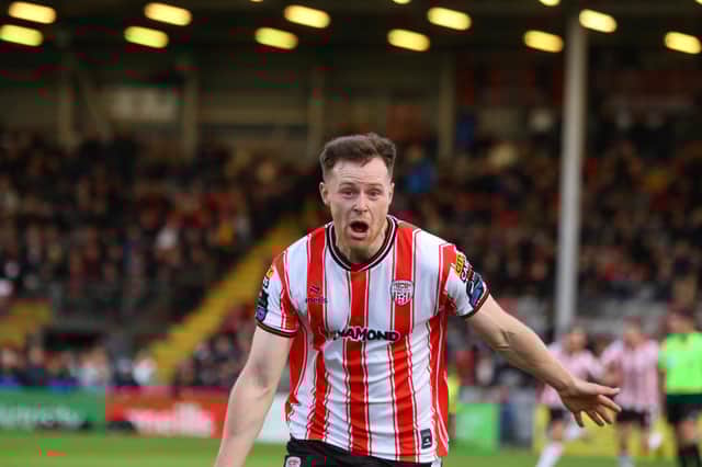Grimsby Town bound Cameron McJannet celebrates Derry City's winner at Dalymount. Photograph by Kevin Moore.