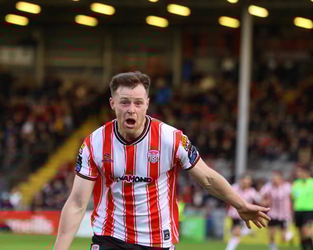Grimsby Town bound Cameron McJannet celebrates Derry City's winner at Dalymount. Photograph by Kevin Moore.