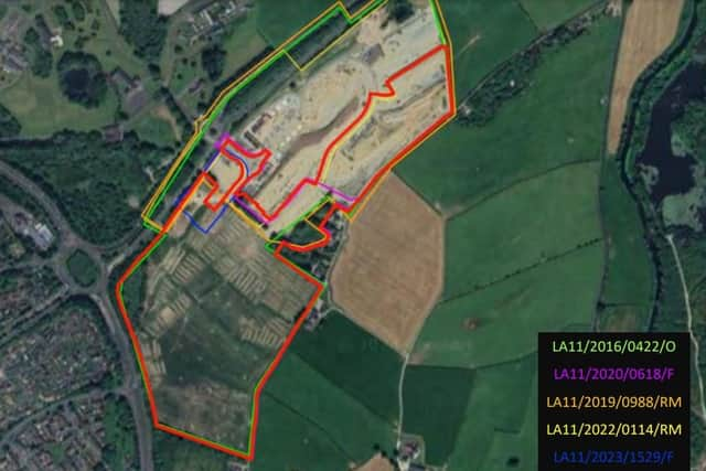 An overhead plan showing the bounds of fresh application LA11/2024/0091/F and existing related approvals at the Ballyoan site.