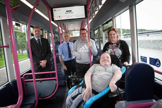 Pictured on one of the new Foyle Metro Zero Emissions Fleet buses on Thursday are from left, Will Campbell and Malcolm Campbell, Translink, Bob McCloskey, Brian Magee and Jade Brolly.