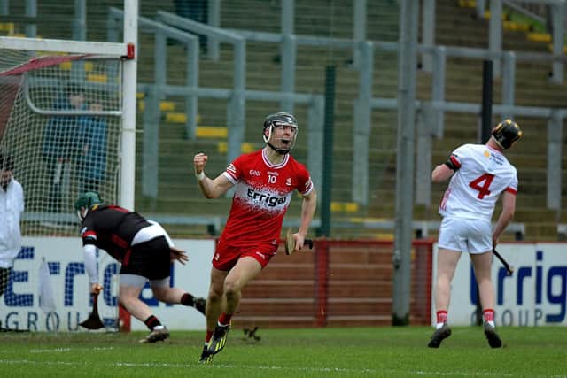 Derry’s Corey O’Reilly celebrates his second half goal against Tyrone. Photo: George Sweeney