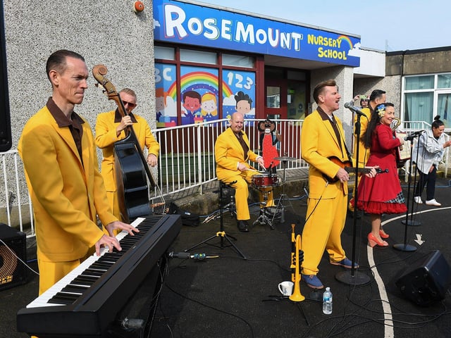 The Jive Aces get the Jazz Festival underway at Rosemount Primary School on Thursday morning. Photo: George Sweeney