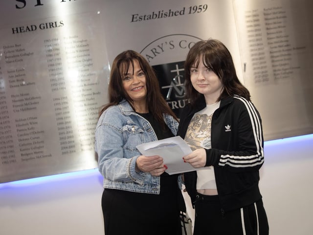 St. Mary's A Level student Keva Coyle and mum Claire checking her results on Thursday morning.