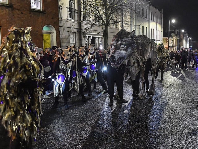 Howling She-Wolf accompanied by dancing wolves roaming the Derry’s city centre on Wednesday evening.  Photo: George Sweeney