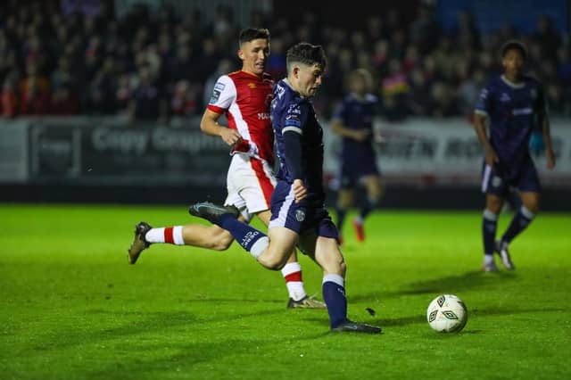Colm Whelan attempts a shot on goal in the second half at Richmond Park. Photo by Kevin Moore.