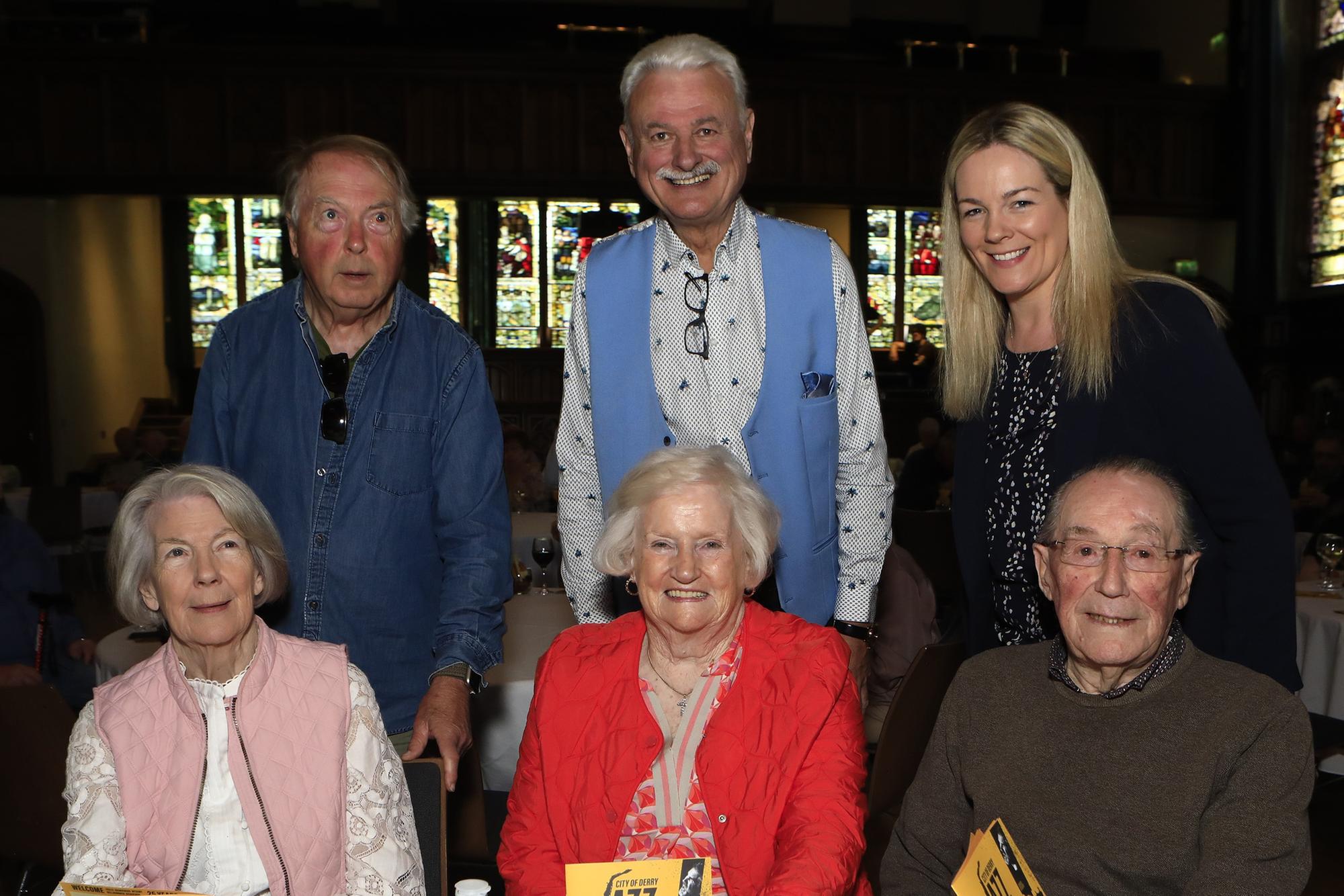Frank Galligan, MC, with Brian McLaughin and Zoe McIntyre. Seated from left, are Irene McIntyre, wife of the late jazz musician Gay McIntyre with Rosaleen and Colm Bryce at the Classic Jazz “The Live Launch” held in the Guildhall, yesterday. (Photo - Tom Heaney, nwpresspics)
