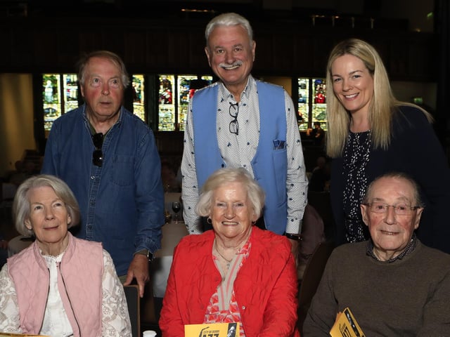 Frank Galligan, MC, with Brian McLaughin and Zoe McIntyre. Seated from left, are Irene McIntyre, wife of the late jazz musician Gay McIntyre with Rosaleen and Colm Bryce at the Classic Jazz “The Live Launch” held in the Guildhall, yesterday. (Photo - Tom Heaney, nwpresspics)