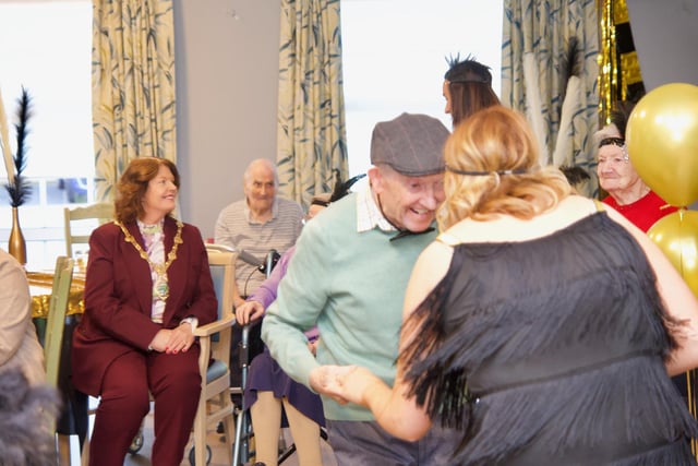 The Mayor Patricia Logue with Oakleaves Care Centre residents enjoying a 1920s themed party on Friday last.