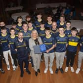 The Mayor, Sandra Duffy making a special presentation to Don Bosco’s 2007 squad to mark their winning the D&D League Championship in this their 50th Anniversary Year at the Guildhall on Friday night last. Included are Marty Crumley, chairman, and coaches Declan McDaniels and Emmett Kirk. (Photos: Jim McCafferty Photography)