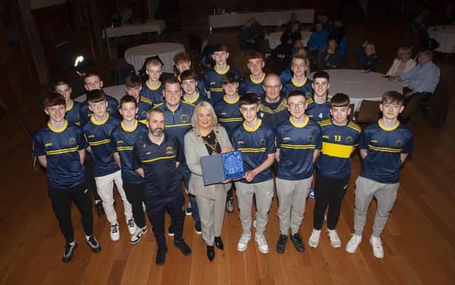 The Mayor, Sandra Duffy making a special presentation to Don Bosco’s 2007 squad to mark their winning the D&D League Championship in this their 50th Anniversary Year at the Guildhall on Friday night last. Included are Marty Crumley, chairman, and coaches Declan McDaniels and Emmett Kirk. (Photos: Jim McCafferty Photography)