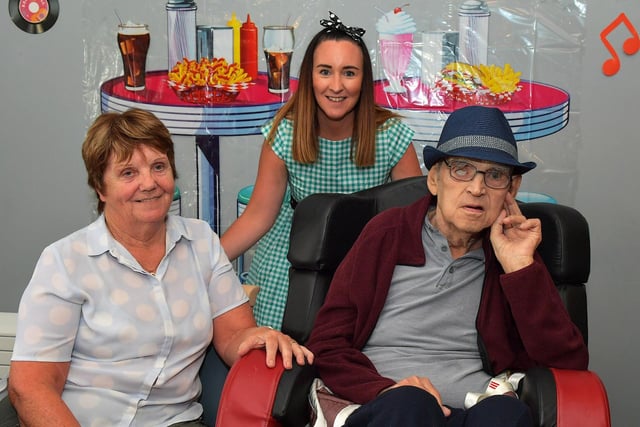 Mary Larkin, Jennifer Lynch, Home Manager, and Michael Larkin pictured at the 1950’s party Berna held in the Oakleaves Care Centre, Racecourse Road on Thursday afternoon last. Photo: George Sweeney. DER2326GS – 29