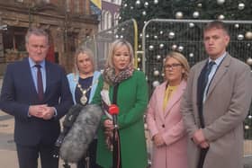 First Minister designate Michelle O'Neill in Derry with, from left, former Finance Minister and Newry and Armagh MLA Conor Murphy, the Mayor of Derry and Strabane, Councillor Sandra Duffy, and Foyle MLAs, Ciara Ferguson and Pádraig Delargy.