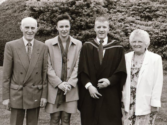 Photographs of students, professors, and proud parents during the Magee graduations in June 1995.