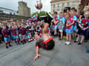 Tom Madden demonstrates his soccer skills, at Guildhall Square, during  the Foyle Cup City Centre parade.