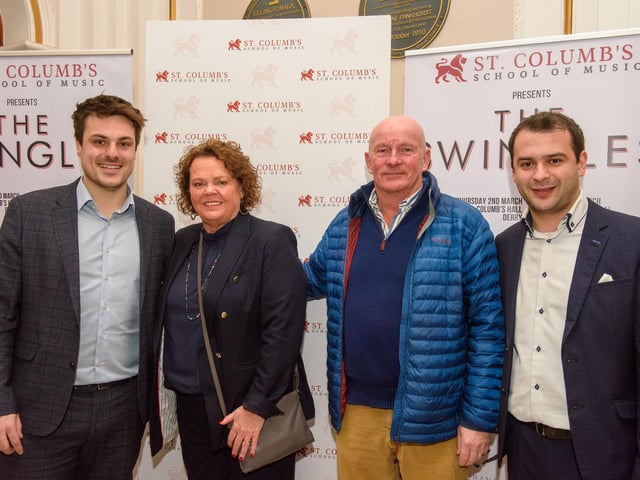Louis Fields and Nicky Morton, founders of St.Columb’s School of Music pictured with Grace and Gordon Wallace as they hosted the School’s annual Gala concert in St.Columb’s Hall headlined by the Swingles, Picture Martin McKeown.