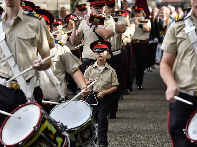 A young bandsman pictured at the ‘Derry Day’ parade on Derry’s Walls on Saturday morning. Photo: George Sweeney