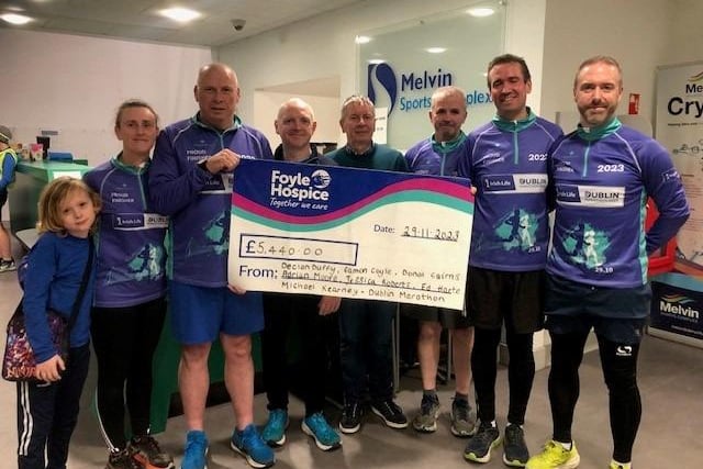 Members of the Melvin Running Club, Strabane who took part in the Dublin Marathon in aid of Foyle Hospice. The team known as ‘The Magnificent Seven’ are pictured here with Noel McMonagle, Foyle Hospice and Team Members, Declan Duffy (Team Lead), Eamon Coyle, Adrian Moore, Donal Cairns , Jessica Roberts and Ed Harte. Missing from the photo is Team Member, Michael Kearney.